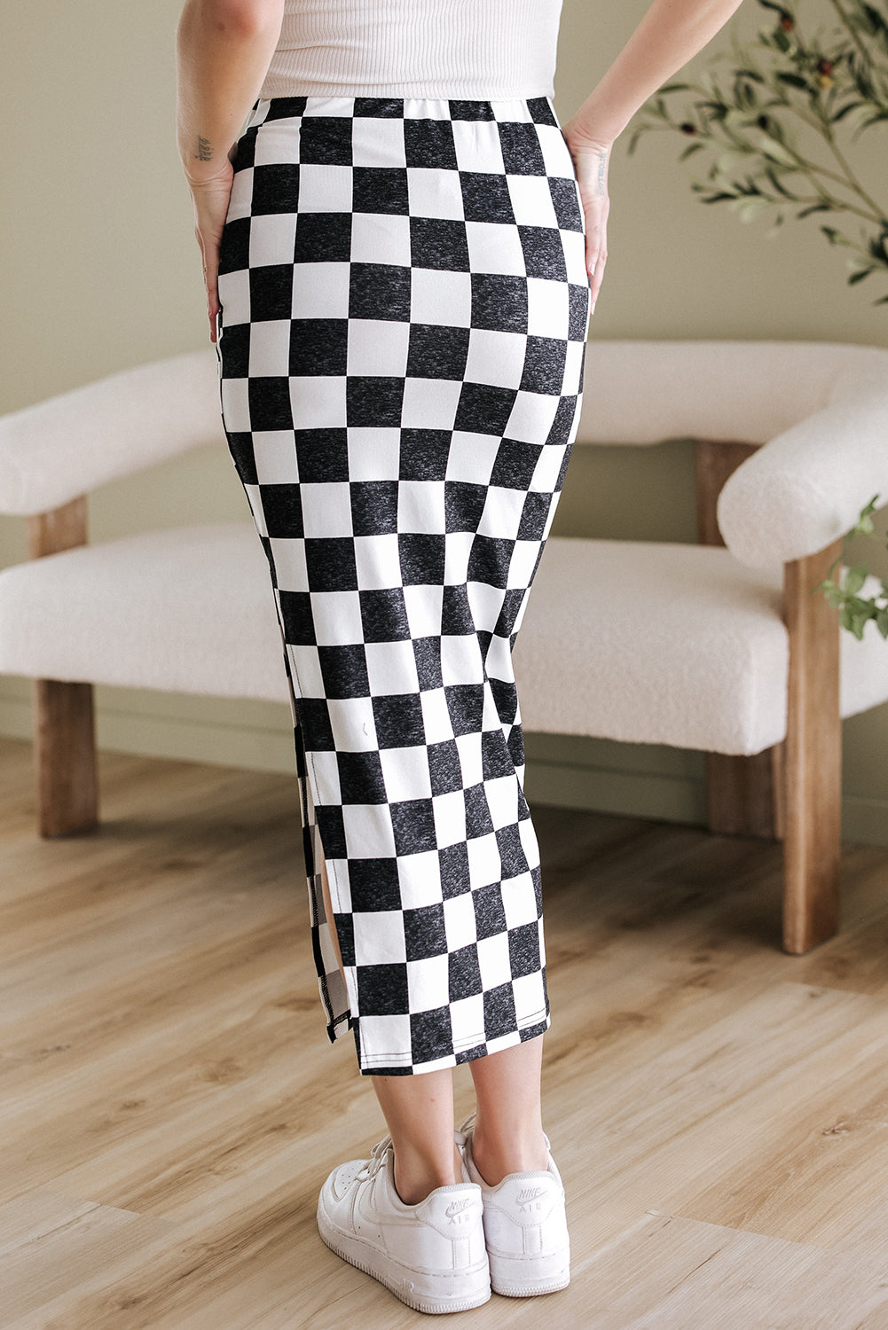 White Checkered Print Side Slit High Waist Midi Skirt - Premium Bottoms/Skirts & Petticoat from Ashes 2 Wildflowers Boutique, LLC- Just $9.60! Shop now at Ashes 2 Wildflowers Boutique, LLC