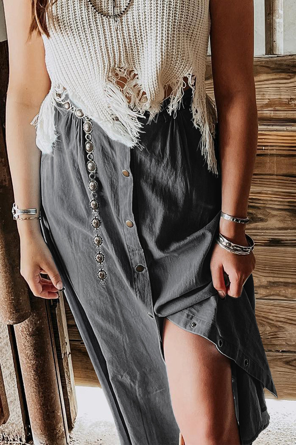 Dark Grey Fully Buttoned Long Denim Skirt - Premium Bottoms/Skirts & Petticoat from Ashes 2 Wildflowers Boutique, LLC- Just $35.40! Shop now at Ashes 2 Wildflowers Boutique, LLC