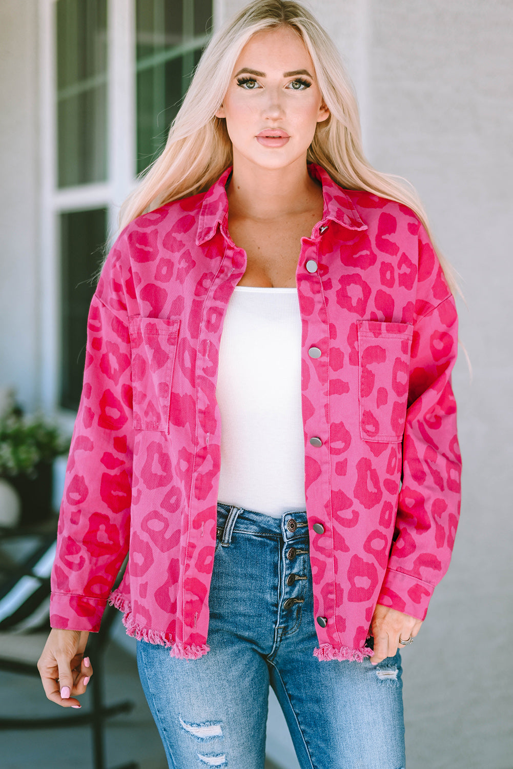 Pink Leopard Print Button Cuffs Raw Hem Jacket - Premium Outerwear from Momma Done Gone Crafty- Just $55.80! Shop now at Momma Done Gone Crafty