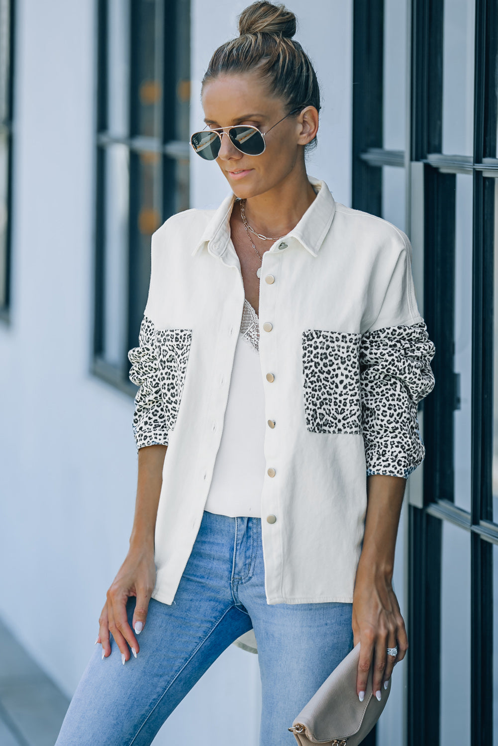 White Contrast Leopard Denim Jacket - Premium Outerwear/Denim jackets from Momma Done Gone Crafty- Just $55! Shop now at Momma Done Gone Crafty