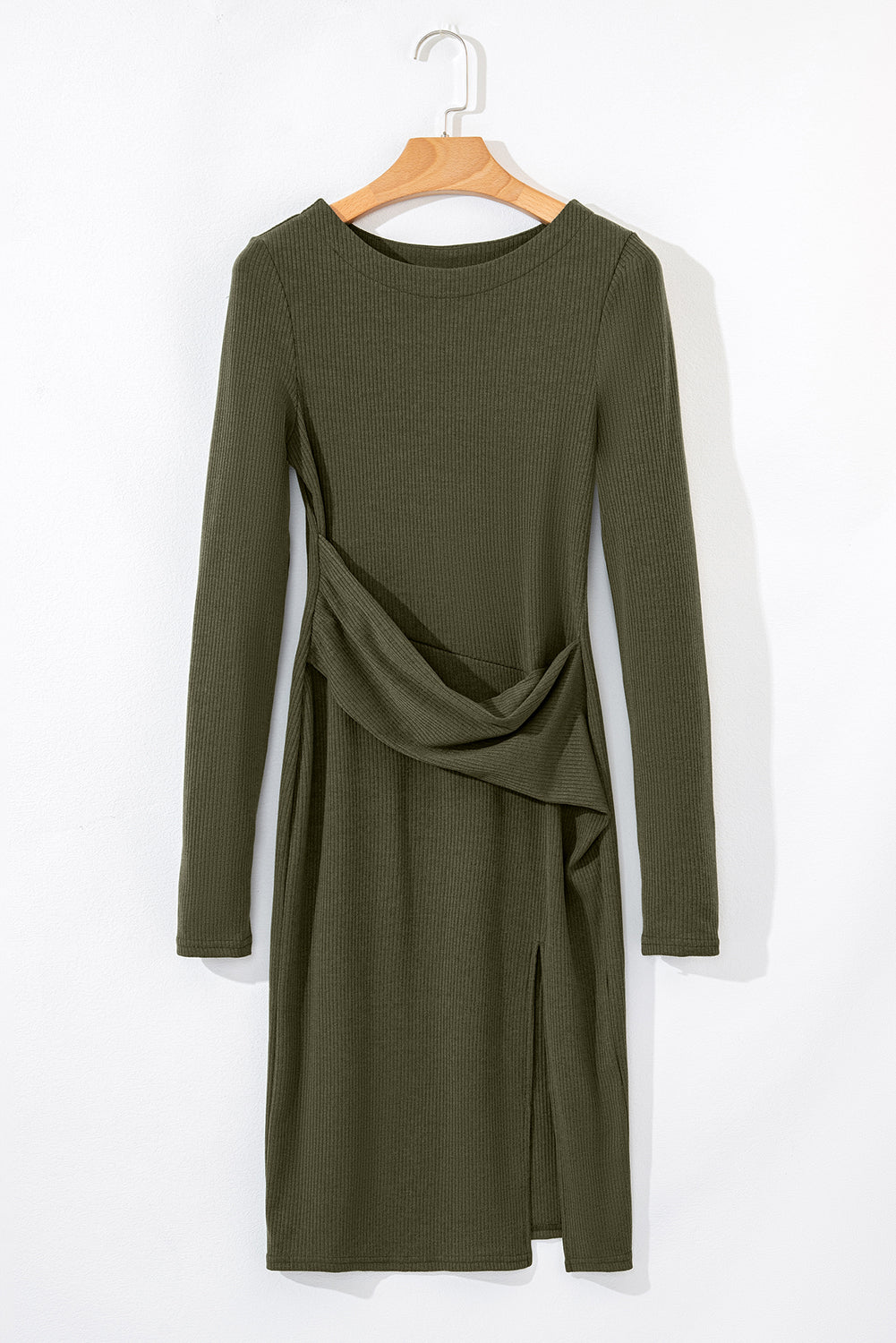 Jungle Green Ribbed Side Slit Ruched Slim Fit Long Sleeve Mini Dress - Premium Dresses/Mini Dresses from Momma Done Gone Crafty- Just $32.99! Shop now at Momma Done Gone Crafty