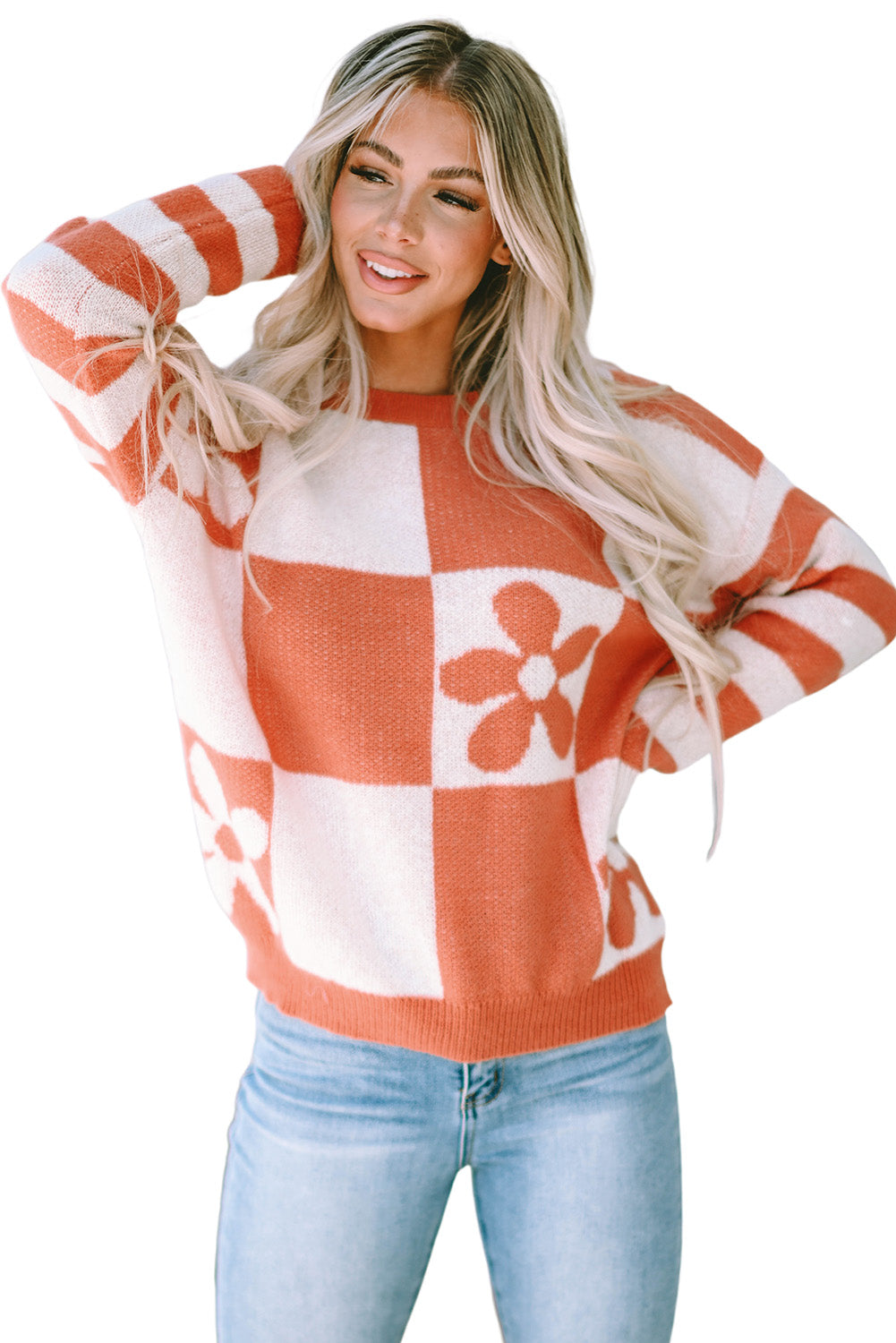 Brown Checkered Floral Print Striped Sleeve Sweater - Premium Tops from Momma Done Gone Crafty- Just $31.50! Shop now at Momma Done Gone Crafty