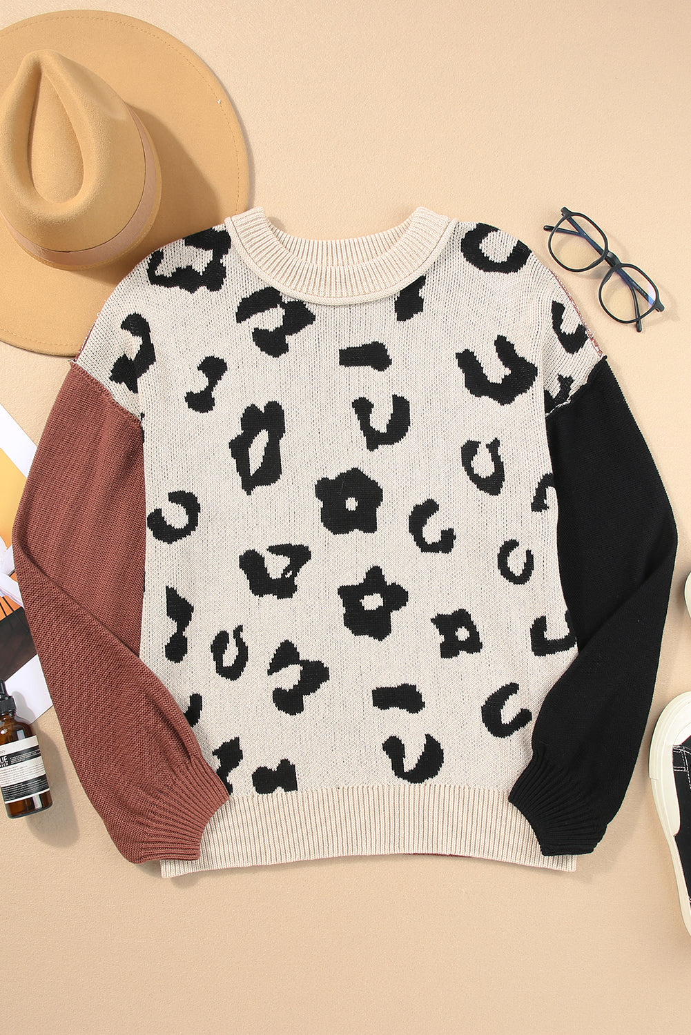 Coffee Leopard Print Colorblock Pullover Sweater - Premium Tops from Momma Done Gone Crafty- Just $48.99! Shop now at Momma Done Gone Crafty
