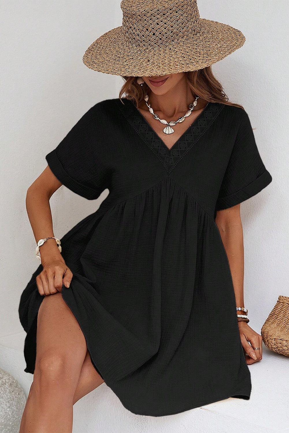 Black Folded Short Sleeve Lace V Neck Mini Dress - Premium Dresses/Mini Dresses from Momma Done Gone Crafty- Just $34! Shop now at Momma Done Gone Crafty