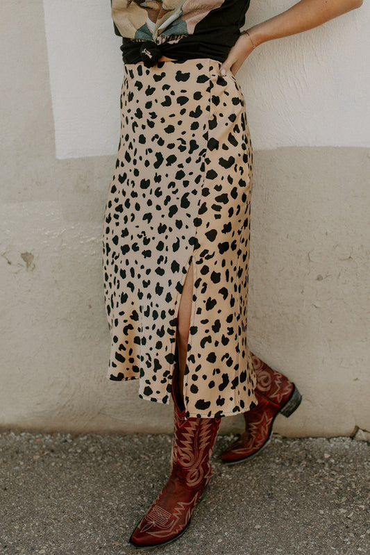 Khaki Leopard Spots Printed Split Hem Midi Skirt - Premium Bottoms/Skirts & Petticoat from Ashes 2 Wildflowers Boutique, LLC- Just $14.55! Shop now at Ashes 2 Wildflowers Boutique, LLC