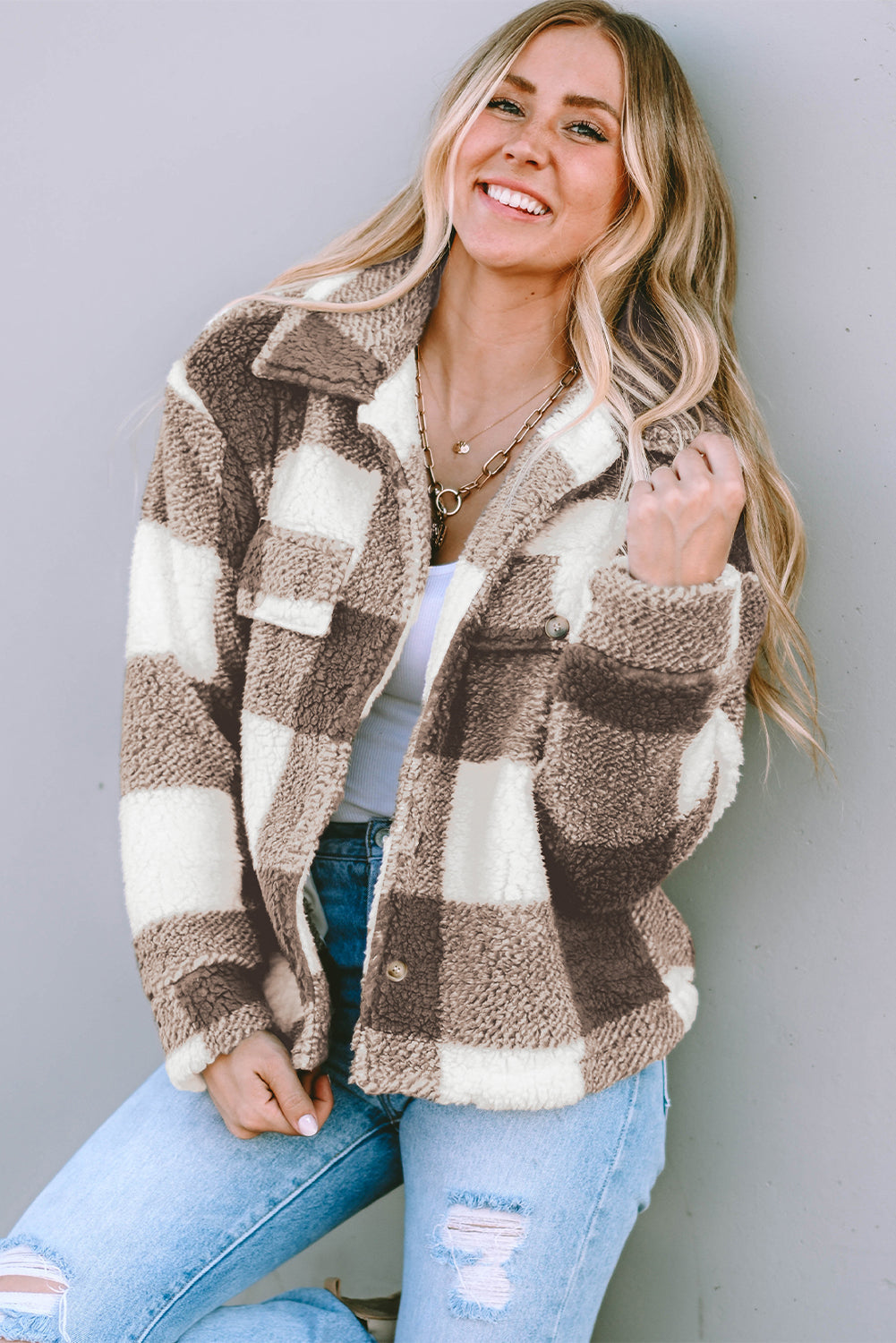 Khaki Plaid Sherpa Buttoned Flap Pocket Shacket - Premium Outerwear from Momma Done Gone Crafty- Just $48.99! Shop now at Momma Done Gone Crafty