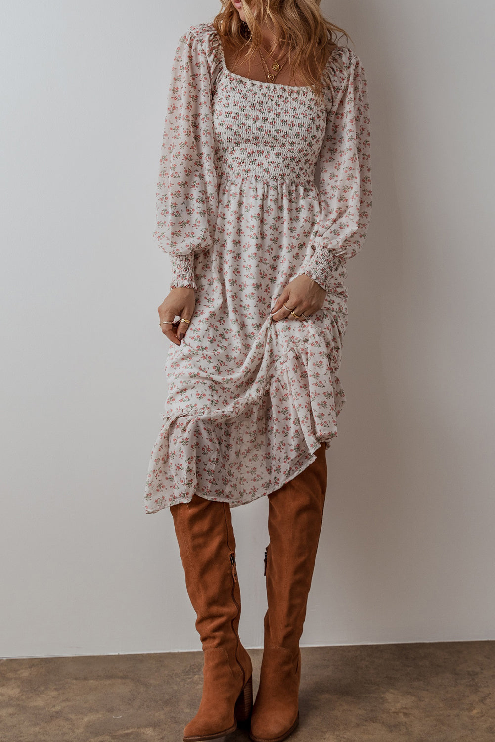 White Floral Print Shirred Ruffled Hem Square Neck Midi Dress - Premium Dresses/Floral Dresses from Ashes 2 Wildflowers Boutique, LLC- Just $38.53! Shop now at Ashes 2 Wildflowers Boutique, LLC