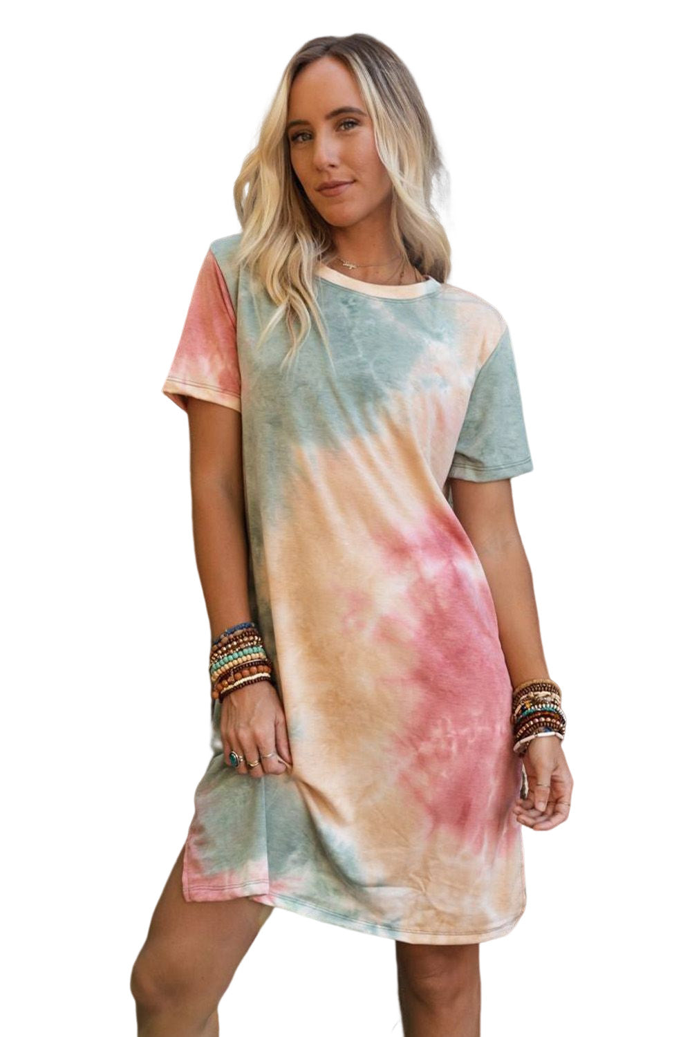 Multicolor Tie Dye Oversized Slit Tee Dress - Premium Dresses from Momma Done Gone Crafty- Just $47.10! Shop now at Momma Done Gone Crafty