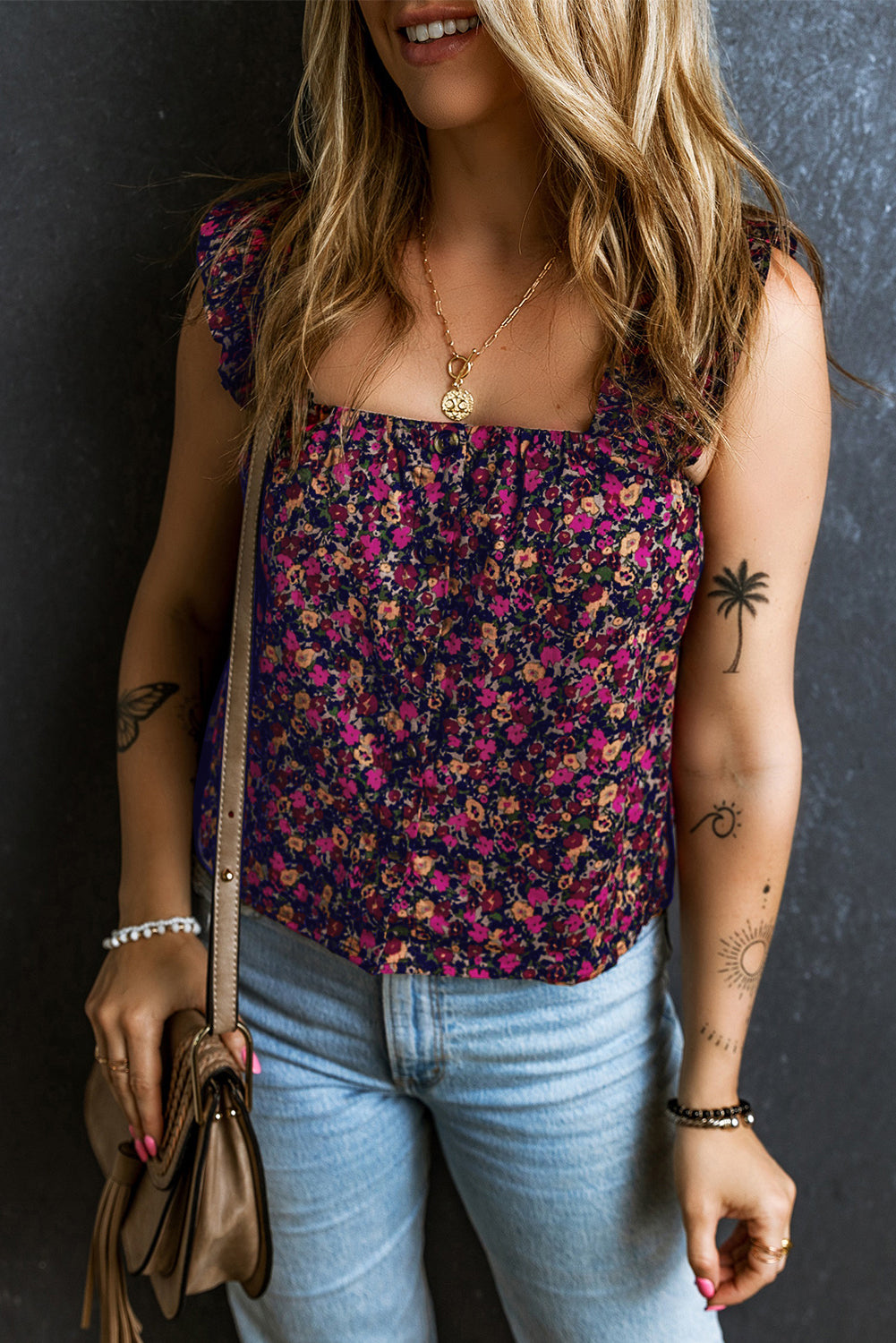 Rose Boho Frilled Straps Floral Tank Top - Premium Tops/Tank Tops from Momma Done Gone Crafty- Just $34.99! Shop now at Momma Done Gone Crafty