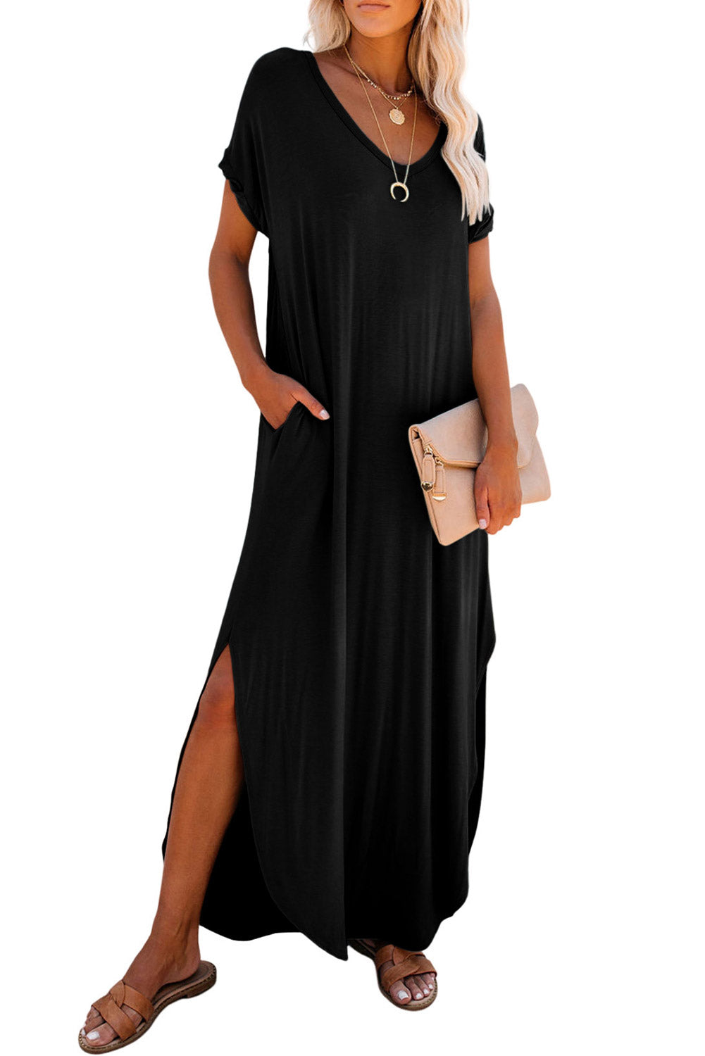 Black V Neck Hidden Pocket Splits Maxi T-shirt Dress - Premium Dresses/T Shirt Dresses from Ashes 2 Wildflowers Boutique, LLC- Just $21! Shop now at Ashes 2 Wildflowers Boutique, LLC
