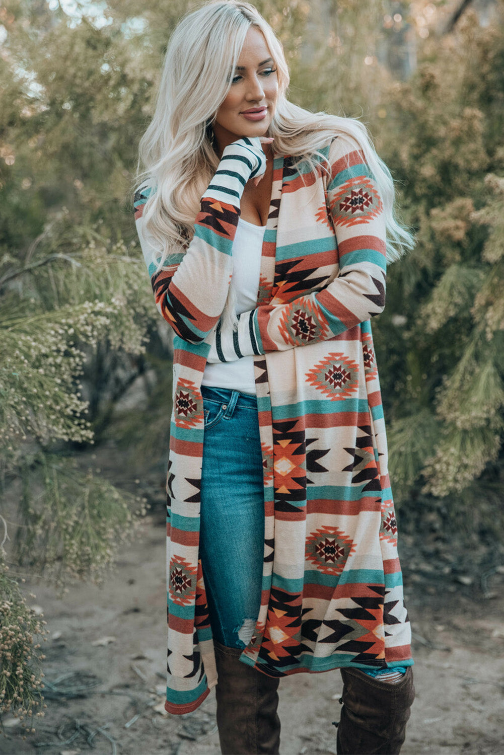 Multicolor Geometric Color Block Open Front Long Cardigan - Premium Tops from Momma Done Gone Crafty- Just $32.94! Shop now at Momma Done Gone Crafty