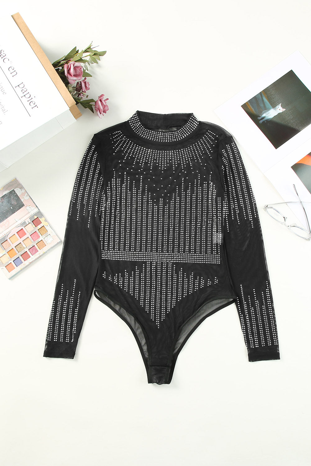 Black Rhinestone Sheer Mesh Long Sleeve Bodysuit - Premium Tops from Momma Done Gone Crafty- Just $30! Shop now at Momma Done Gone Crafty