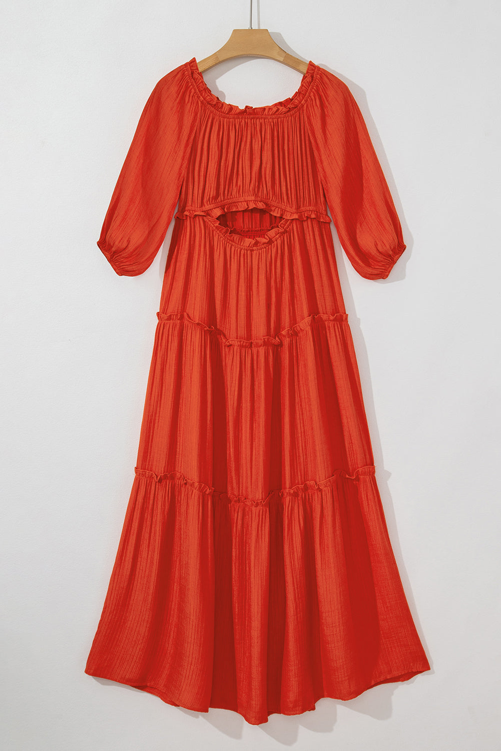 Orange Off Shoulder Balloon Sleeve Cutout Ruffled Maxi Dress - Premium Dresses from Momma Done Gone Crafty- Just $54.99! Shop now at Momma Done Gone Crafty