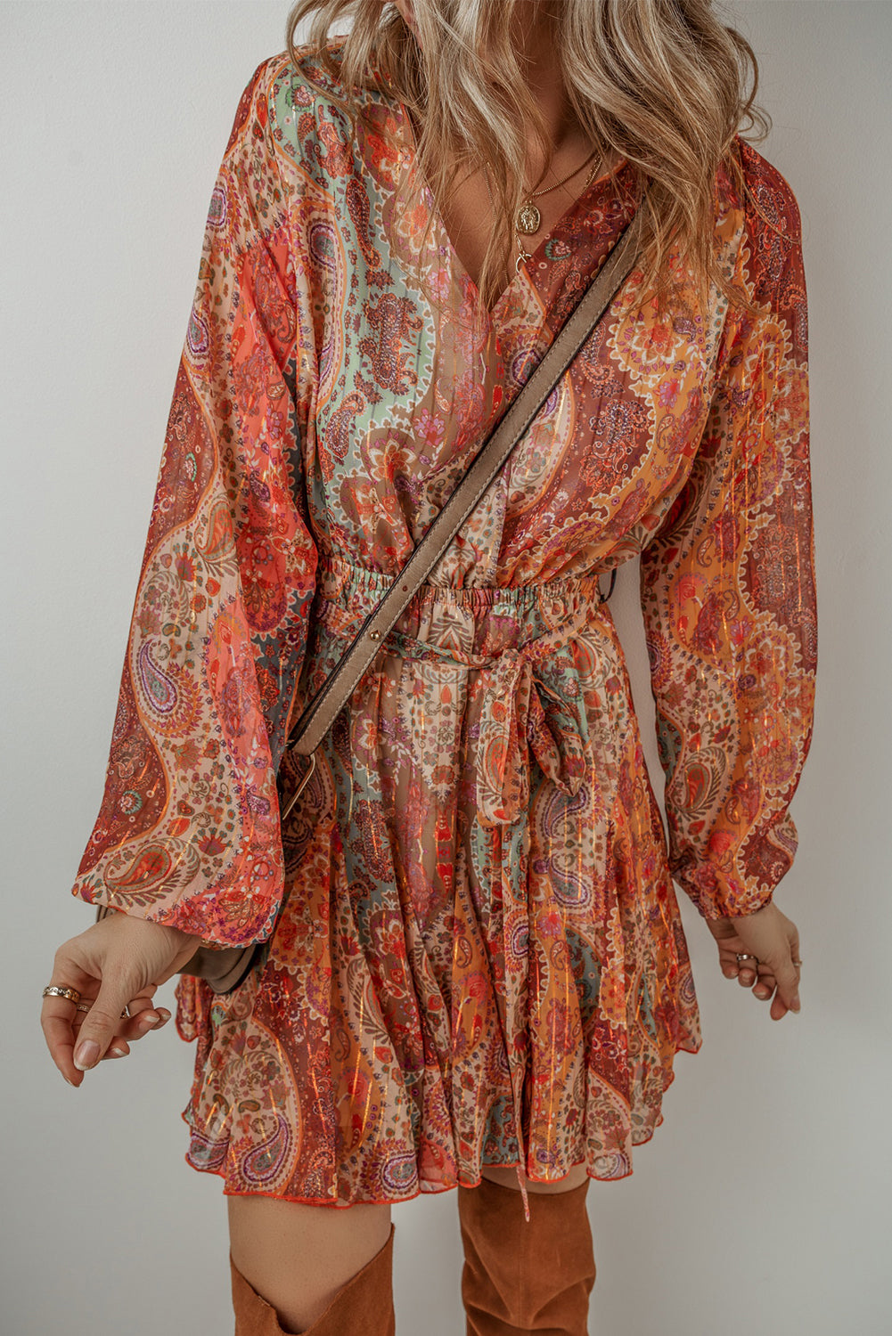 Orange Boho Paisley Print Long Sleeve Pleated Belted Mini Dress - Premium Dresses/Mini Dresses from Momma Done Gone Crafty- Just $64.99! Shop now at Momma Done Gone Crafty