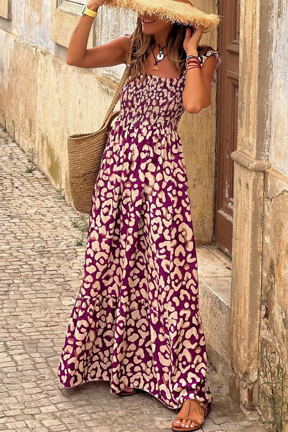 Rose Leopard Ruffle Straps Smocked High Waist Long Dress - Premium Dresses/Maxi Dresses from Ashes 2 Wildflowers Boutique, LLC- Just $32.49! Shop now at Ashes 2 Wildflowers Boutique, LLC