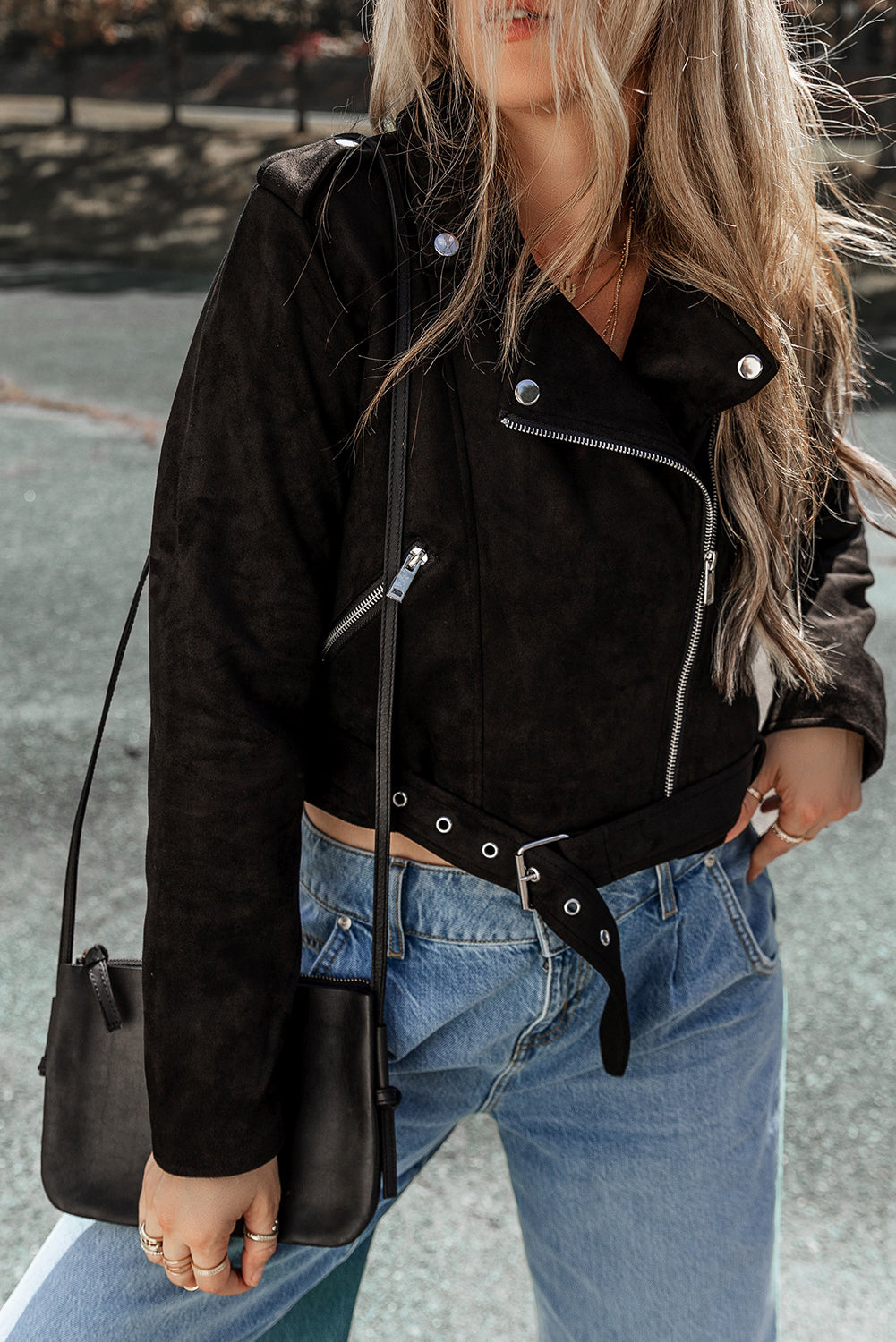 Black Asymmetric Zipper Belted Hem Jacket - Premium Outerwear/Jackets from Ashes 2 Wildflowers Boutique, LLC- Just $50.94! Shop now at Ashes 2 Wildflowers Boutique, LLC