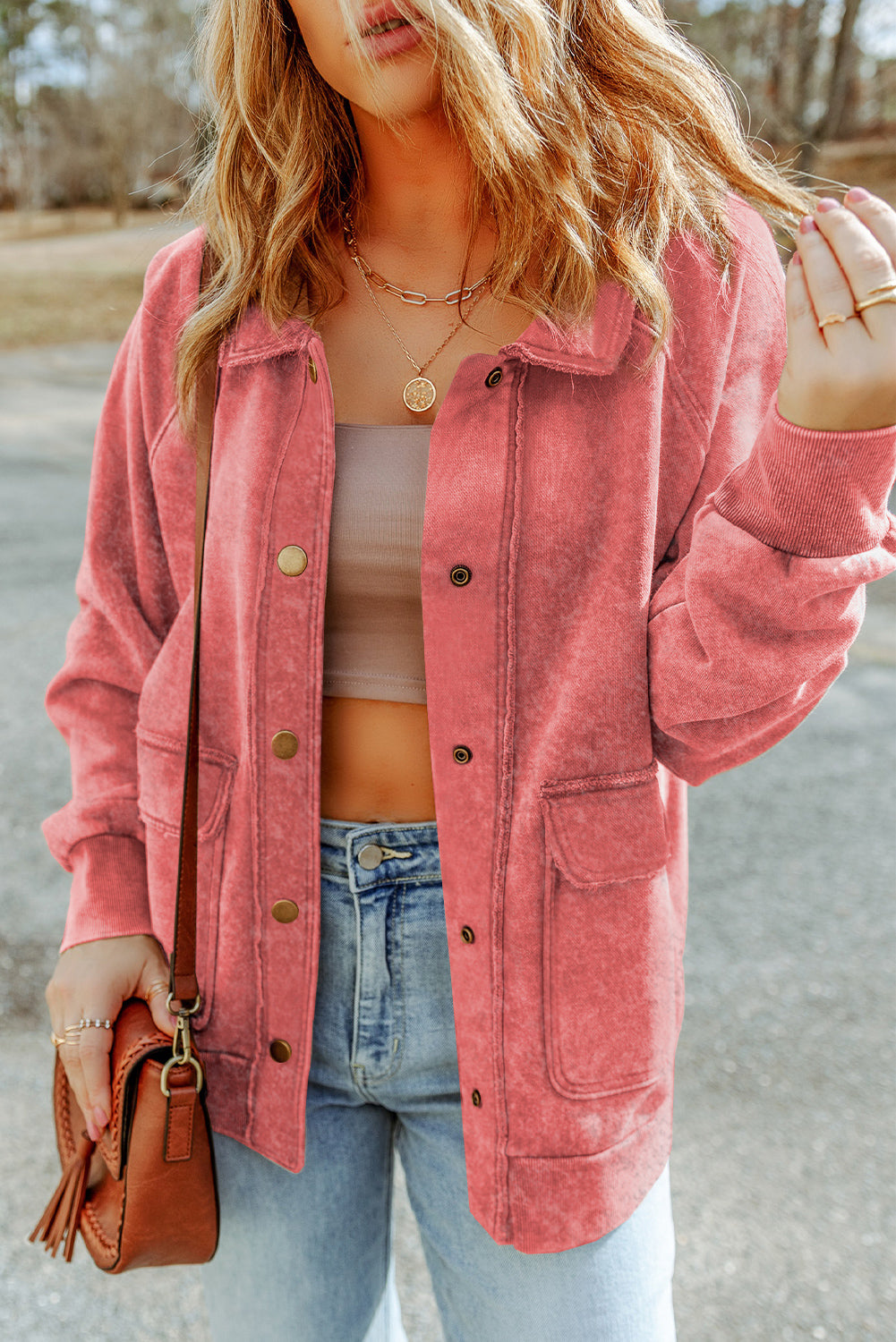 Red Vintage Washed Flap Pocket Button Shacket - Premium Outerwear from Momma Done Gone Crafty- Just $64.50! Shop now at Momma Done Gone Crafty