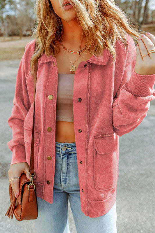 Red Vintage Washed Flap Pocket Button Shacket - Premium Outerwear from Momma Done Gone Crafty- Just $64.50! Shop now at Momma Done Gone Crafty
