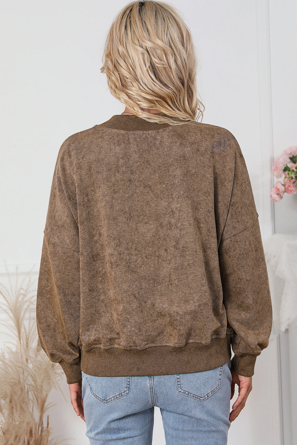 Brown Drop Shoulder Crew Neck Pullover Sweatshirt - Premium Tops/Sweatshirts & Hoodies from Ashes 2 Wildflowers Boutique, LLC- Just $34.18! Shop now at Ashes 2 Wildflowers Boutique, LLC