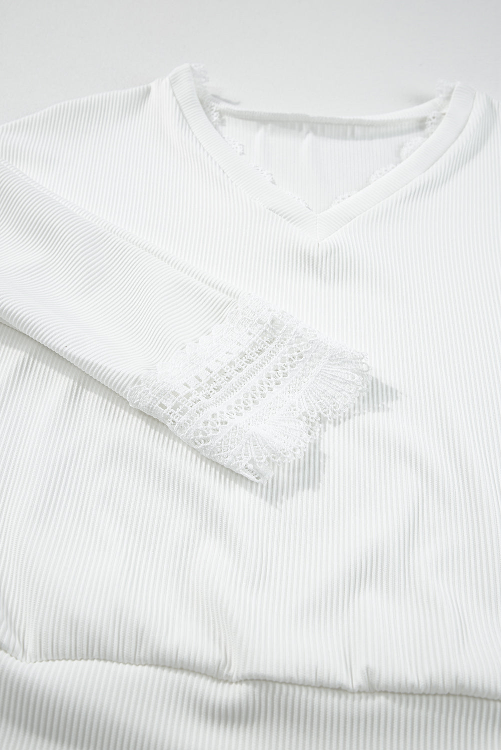 White Ribbed Texture Lace Trim V Neck Long Sleeve Top - Premium Tops from Momma Done Gone Crafty- Just $42.60! Shop now at Momma Done Gone Crafty