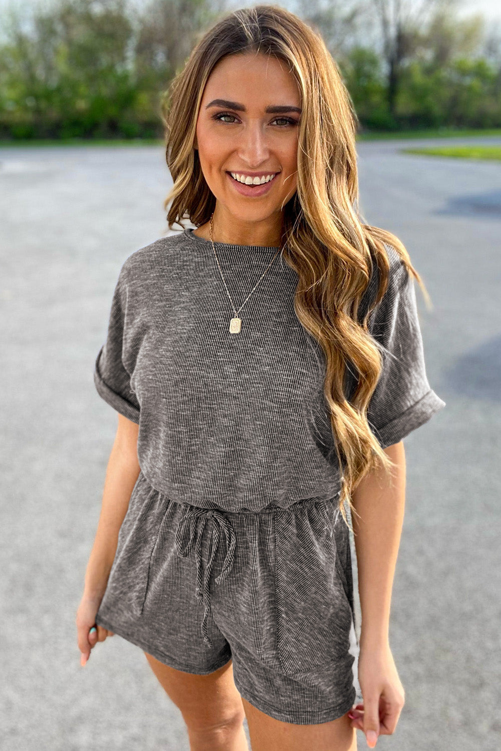 Gray Ribbed Elastic Waist Romper - Premium Bottoms/Jumpsuits & Rompers from Momma Done Gone Crafty- Just $26.10! Shop now at Momma Done Gone Crafty