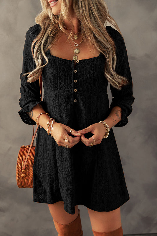 Black Lace Crochet Buttoned Square Neck Shift Mini Dress - Premium Dresses/Mini Dresses from Momma Done Gone Crafty- Just $44! Shop now at Momma Done Gone Crafty