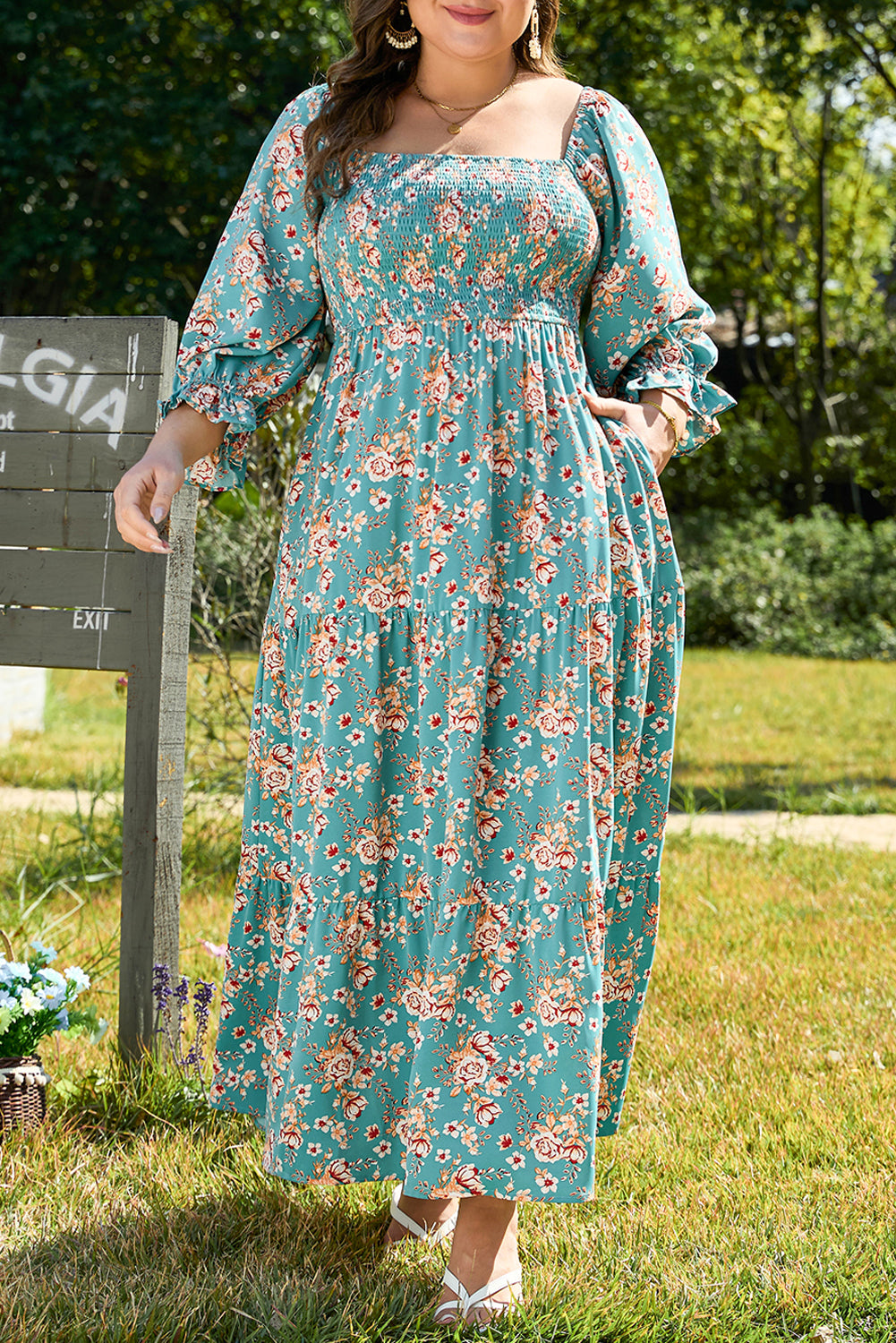 Green Plus Size Floral Print Square Neck Smocked Maxi Dress - Premium Plus Size/Plus Size Dresses/Plus Size Maxi Dresses from Momma Done Gone Crafty- Just $49.95! Shop now at Momma Done Gone Crafty