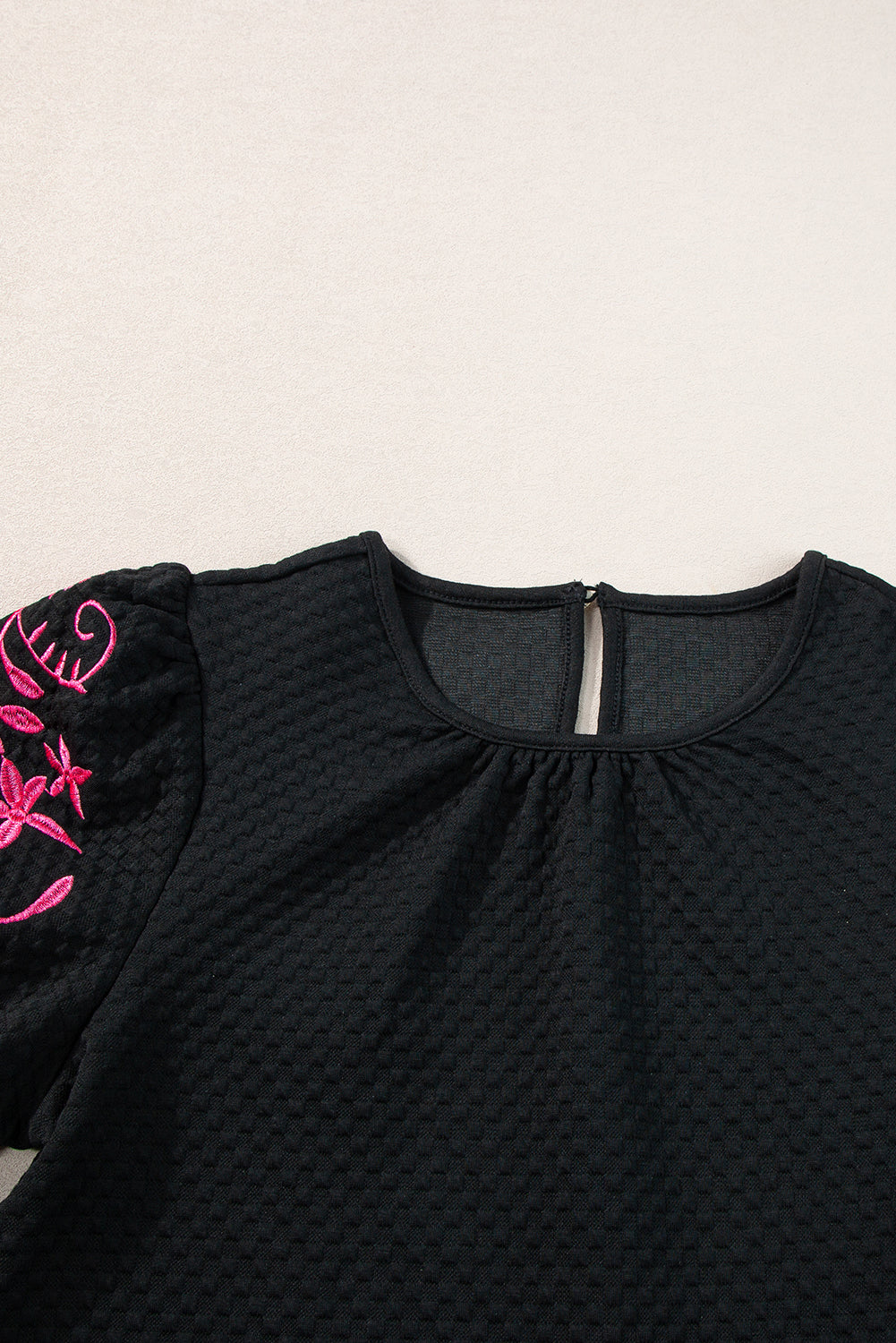 Black Floral Embroidered Textured Puff Sleeve T Shirt - Premium Tops/Tops & Tees from Momma Done Gone Crafty- Just $23.16! Shop now at Momma Done Gone Crafty