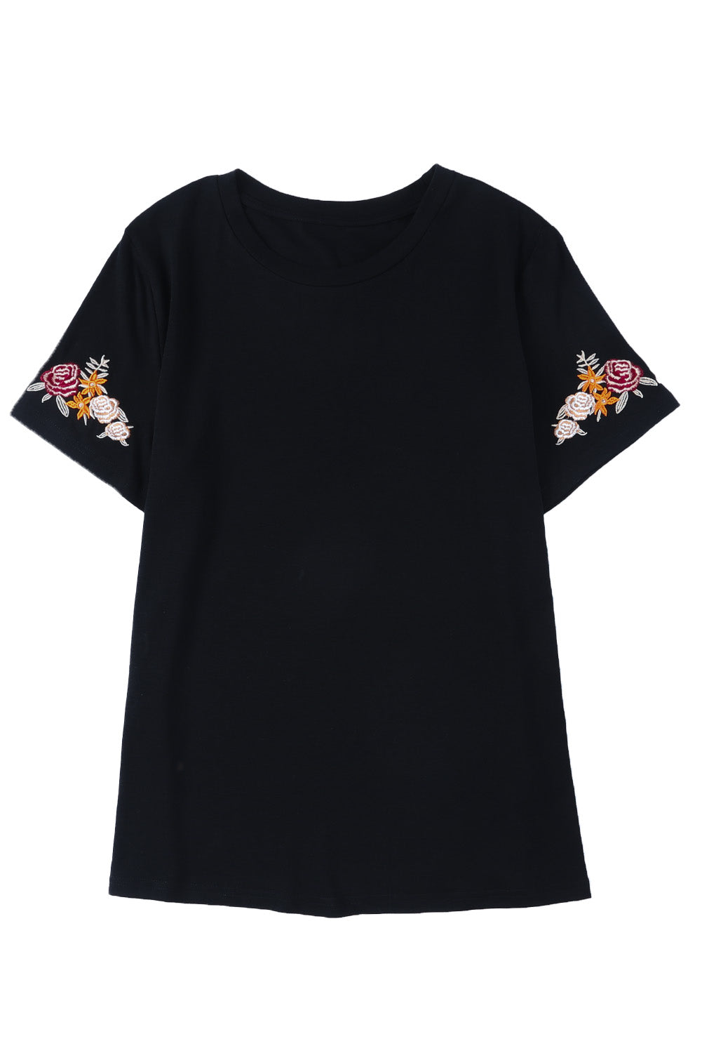 Black Floral Embroidered Round Neck Short Sleeve T Shirt - Premium Tops from Momma Done Gone Crafty- Just $59.70! Shop now at Momma Done Gone Crafty