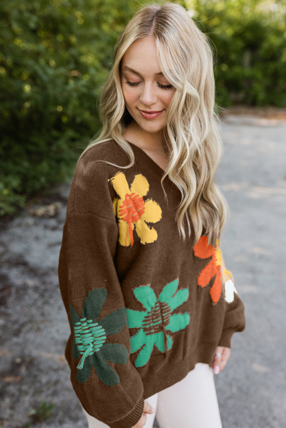 Coffee Big Flower Pattern V Neck Drop Shoulder Sweater - Premium Sweaters & Cardigans/Sweaters from Ashes 2 Wildflowers Boutique, LLC- Just $39.28! Shop now at Ashes 2 Wildflowers Boutique, LLC