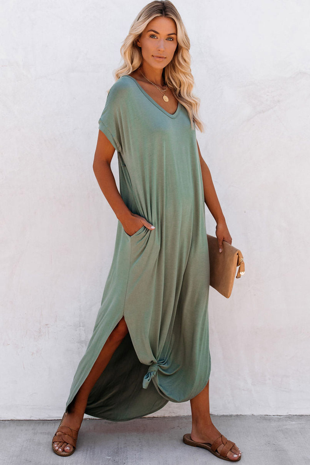Grass Green V Neck Hidden Pocket Splits Maxi T-shirt Dress - Premium Dresses/T Shirt Dresses from Ashes 2 Wildflowers Boutique, LLC- Just $20.31! Shop now at Ashes 2 Wildflowers Boutique, LLC
