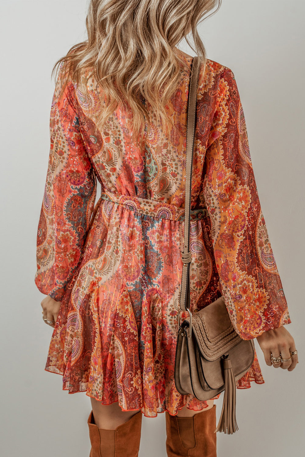 Orange Boho Paisley Print Long Sleeve Pleated Belted Mini Dress - Premium Dresses/Mini Dresses from Momma Done Gone Crafty- Just $64.99! Shop now at Momma Done Gone Crafty