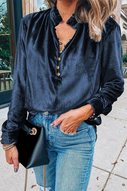 Navy Blue Frilled Neck Buttoned Front Velvet Top - Premium Tops from Momma Done Gone Crafty- Just $40.11! Shop now at Momma Done Gone Crafty