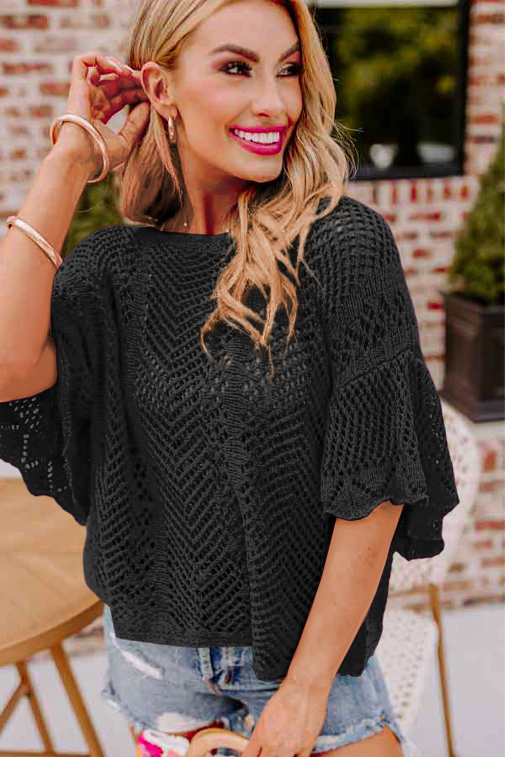 Black Pointelle Knit Scallop Edge Short Sleeve Top - Premium Sweaters & Cardigans/Short Sleeve Sweaters from Momma Done Gone Crafty- Just $28! Shop now at Momma Done Gone Crafty