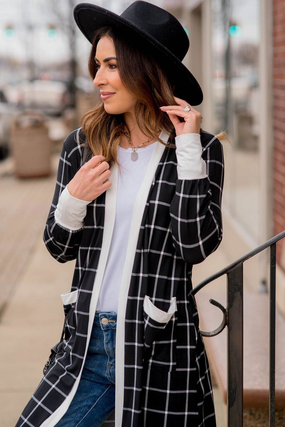 Black Plaid Colorblock Edge Open Cardigan with Pocket - Premium Sweaters & Cardigans/Cardigans from Momma Done Gone Crafty- Just $18.60! Shop now at Momma Done Gone Crafty