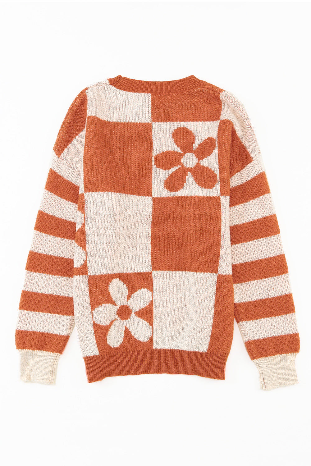 Brown Checkered Floral Print Striped Sleeve Sweater - Premium Tops from Momma Done Gone Crafty- Just $31.50! Shop now at Momma Done Gone Crafty