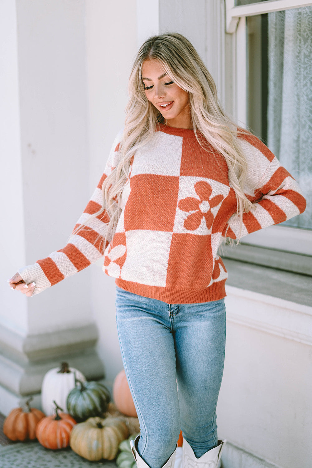 Brown Checkered Floral Print Striped Sleeve Sweater - Premium Tops from Momma Done Gone Crafty- Just $31.50! Shop now at Momma Done Gone Crafty