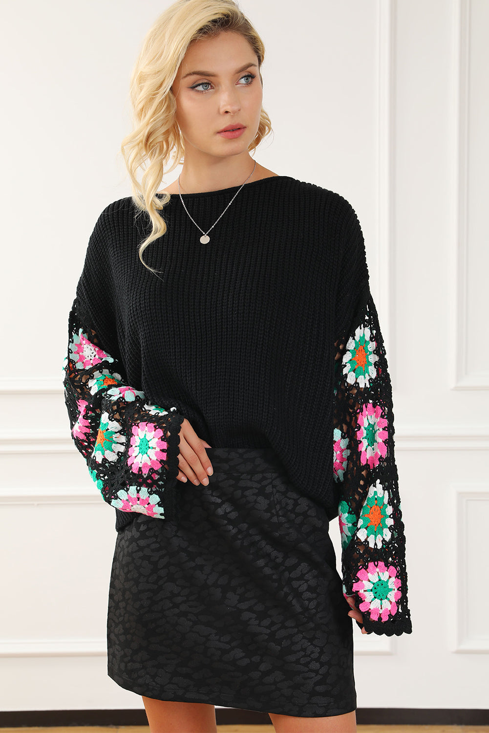 Black Floral Crochet Bell Sleeve Loose Sweater - Premium Tops from Momma Done Gone Crafty- Just $52.99! Shop now at Momma Done Gone Crafty