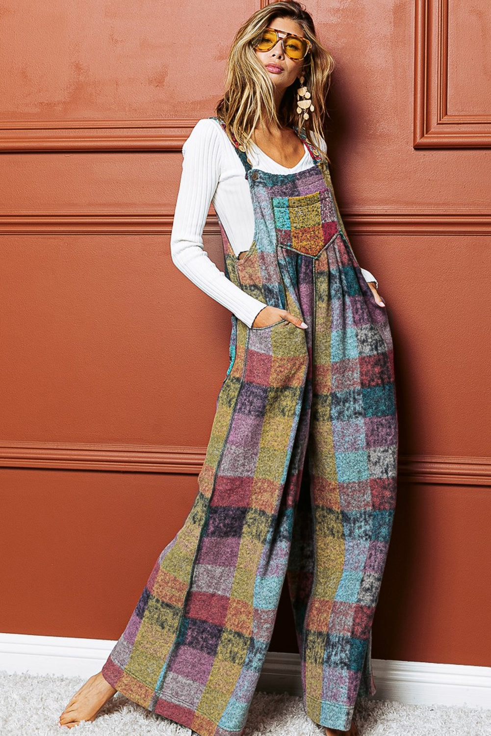Multicolour Brushed Checkered Wide Leg Overalls - Premium Bottoms/Jumpsuits & Rompers from Momma Done Gone Crafty- Just $32.16! Shop now at Momma Done Gone Crafty