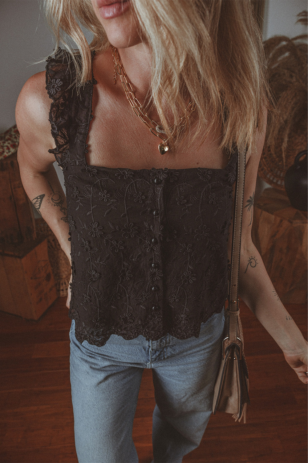 Black Floral Embroidered Buttoned Square Neck Tank Top - Premium Tops/Tank Tops from Ashes 2 Wildflowers Boutique, LLC- Just $21.93! Shop now at Ashes 2 Wildflowers Boutique, LLC