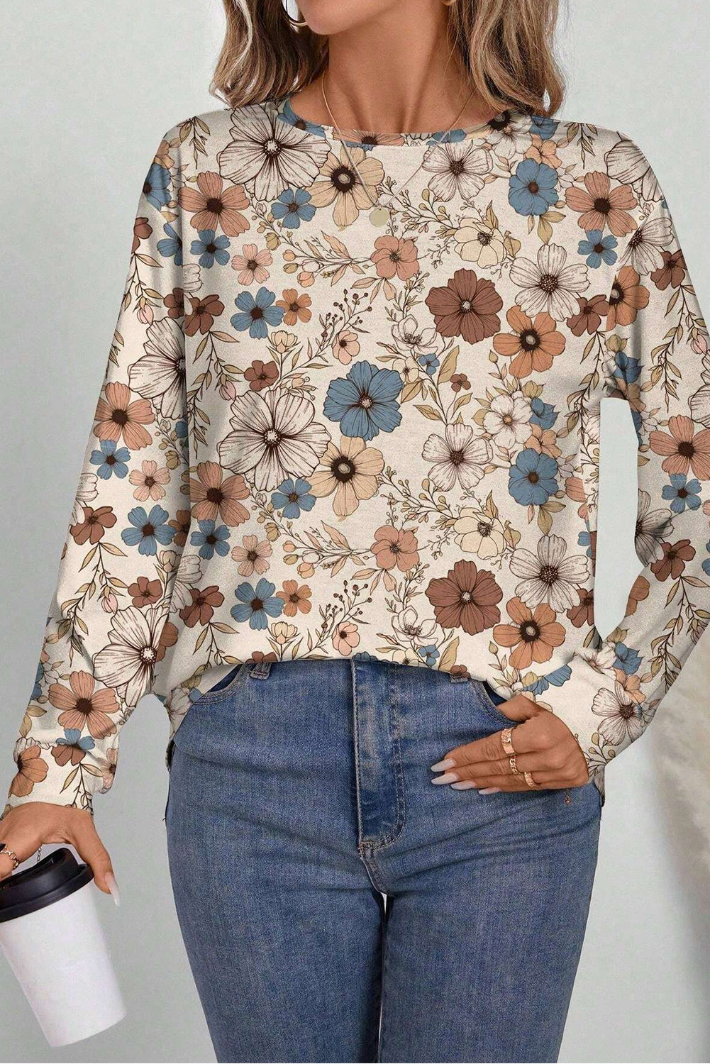 Khaki Floral Print Loose Crew Neck Long Sleeve T Shirt - Premium Tops/Long Sleeve Tops from Ashes 2 Wildflowers Boutique, LLC- Just $25.70! Shop now at Ashes 2 Wildflowers Boutique, LLC