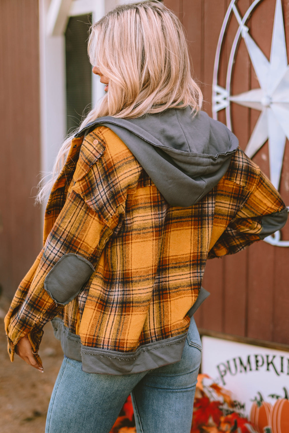 Orange Plaid Patch Hooded Frayed Snap Button Jacket - Premium Outerwear from Momma Done Gone Crafty- Just $52.62! Shop now at Momma Done Gone Crafty