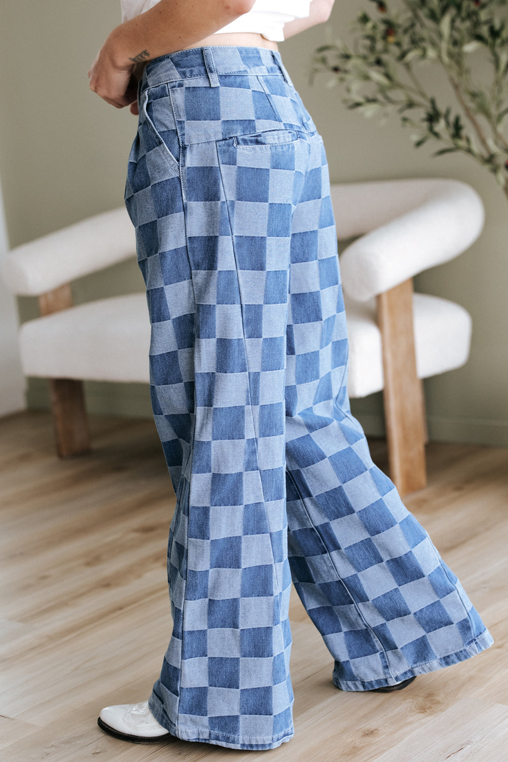 Dusk Blue Checkered Denim Wide Leg Jeans - Premium Bottoms/Jeans from Ashes 2 Wildflowers Boutique, LLC- Just $38.15! Shop now at Ashes 2 Wildflowers Boutique, LLC