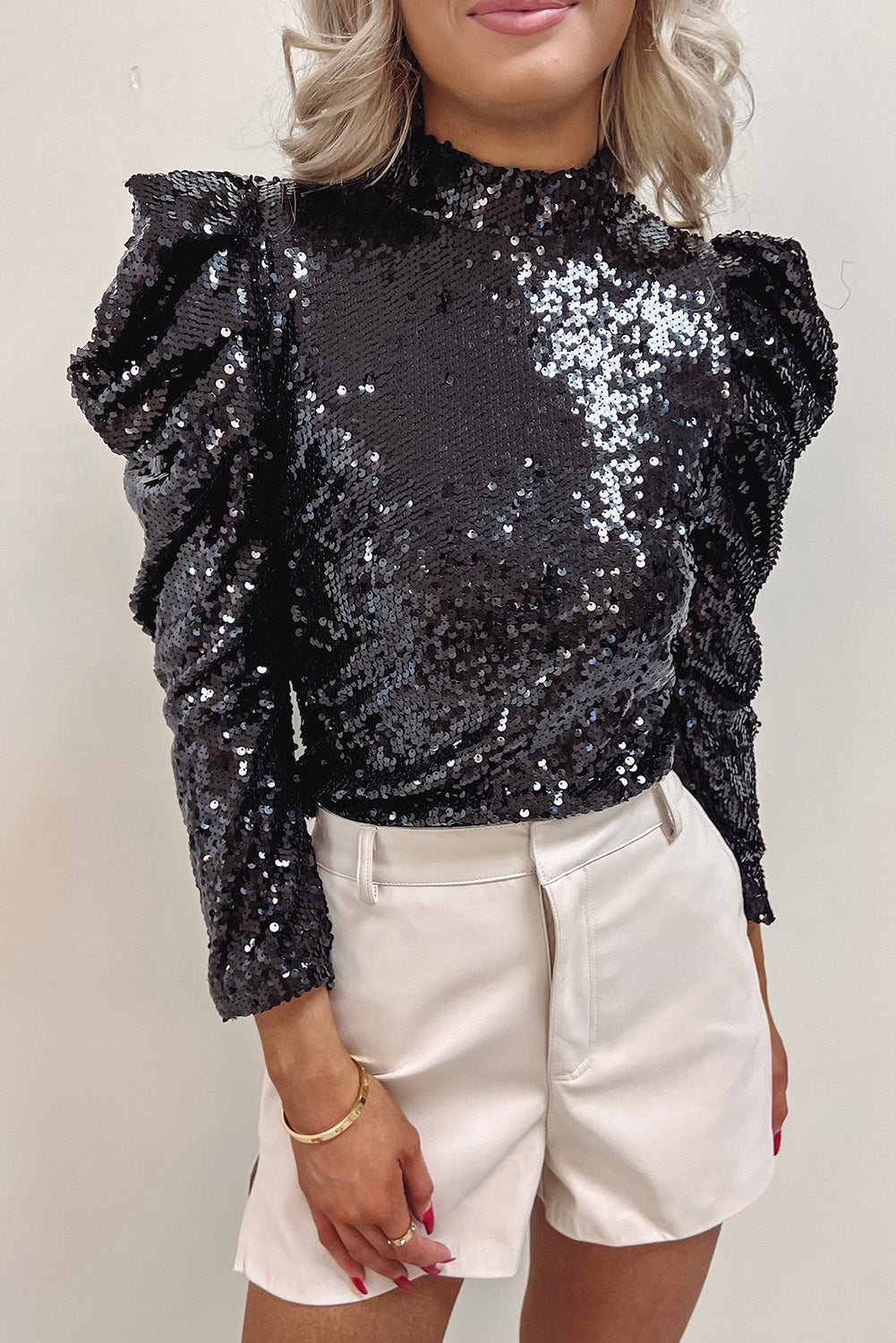 Black Sequin Mock Neck Bubble Sleeve Top - Premium Tops from Momma Done Gone Crafty- Just $45.99! Shop now at Momma Done Gone Crafty