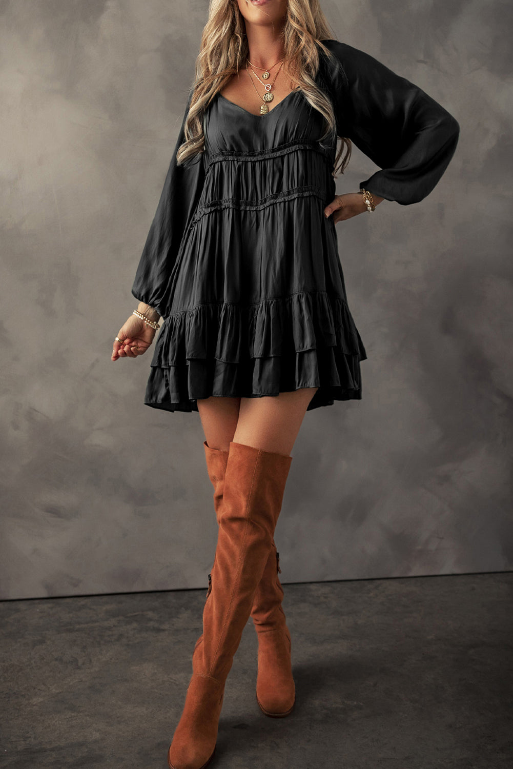 Black Tiered Ruffled Puff Sleeve Loose Fit Mini Dress - Premium Dresses/Mini Dresses from Momma Done Gone Crafty- Just $68! Shop now at Momma Done Gone Crafty