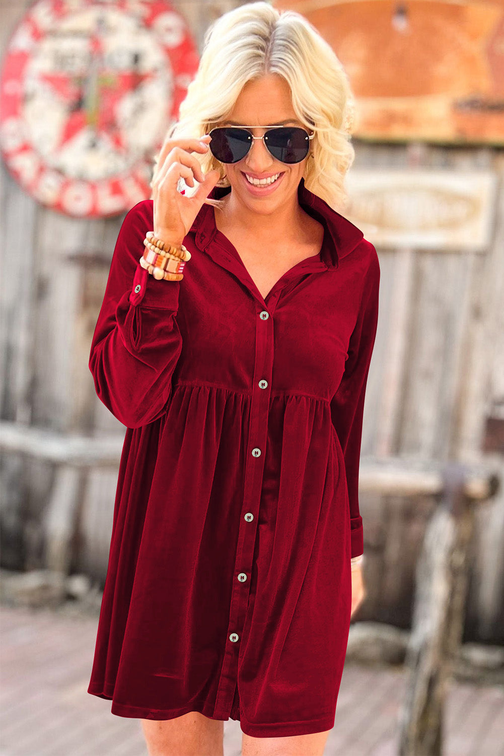 Red Long Sleeve Ruffle Velvet Button Up Dress - Premium Dresses from Momma Done Gone Crafty- Just $39.30! Shop now at Momma Done Gone Crafty