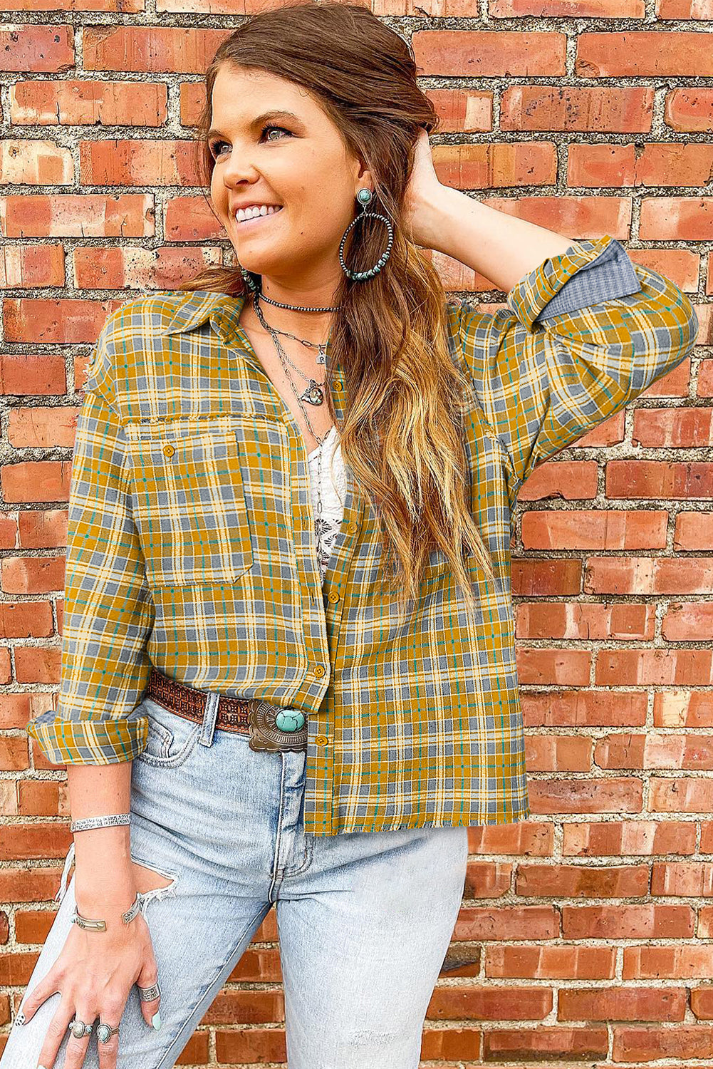 Ginger Plaid Embroidery Patch Button-Down Shacket - Premium Outerwear from Momma Done Gone Crafty- Just $49.65! Shop now at Momma Done Gone Crafty