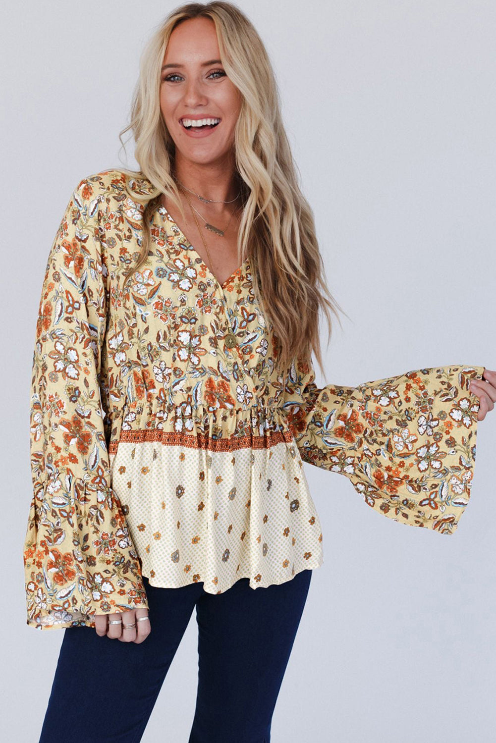 Yellow Printed Floral Bell Sleeve V Neck Wrapped Contrast Peplum Blouse - Premium Tops/Blouses & Shirts from Ashes 2 Wildflowers Boutique, LLC- Just $30.35! Shop now at Ashes 2 Wildflowers Boutique, LLC