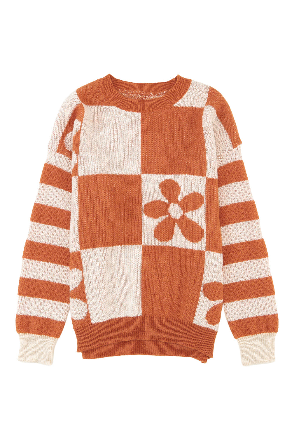 Brown Checkered Floral Print Striped Sleeve Sweater - Premium Tops from Momma Done Gone Crafty- Just $31.50! Shop now at Momma Done Gone Crafty