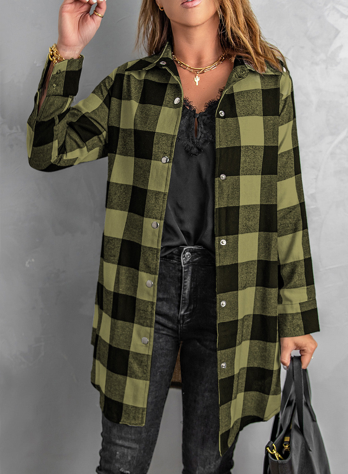Green Turn-down Collar Plaid Shirt Coat - Premium Outerwear from Momma Done Gone Crafty- Just $28! Shop now at Momma Done Gone Crafty